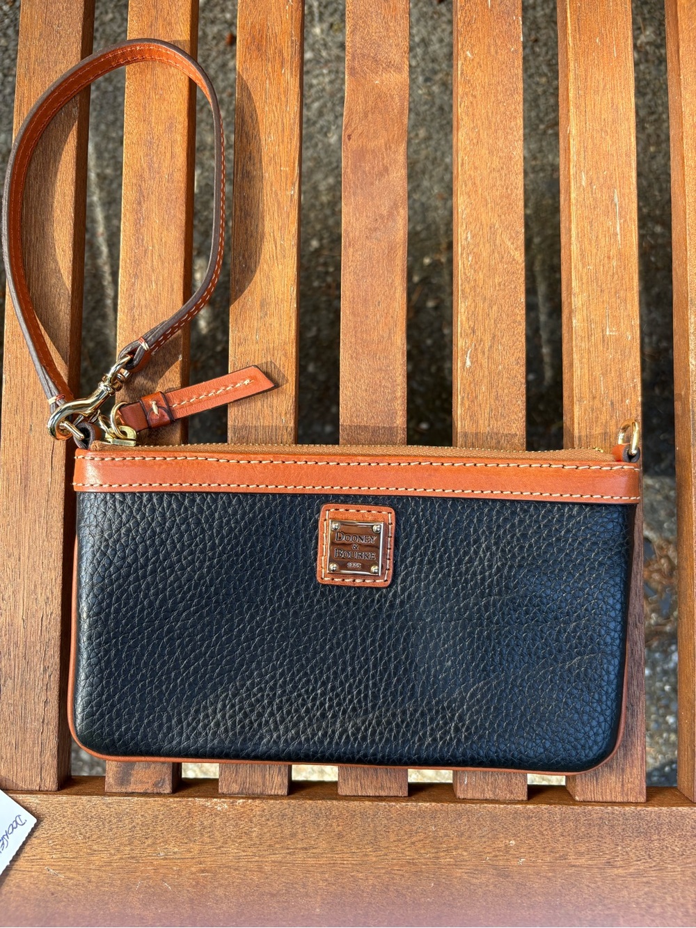 Dooney & Bourke Pebble Grain Large Zip Wristlet Black Tan Leather